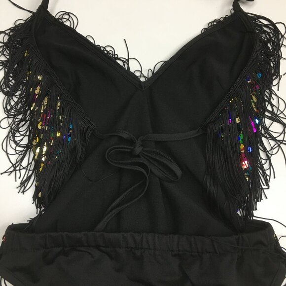Black MultiColor Sequin Embellished Fringe Dancewear One Piece Costume Romper - Picture 10 of 12